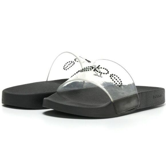 NWOT Bebe Dahlia Clear Size 9 Slides Sandals Black Spellout Large - Picture 9 of 9